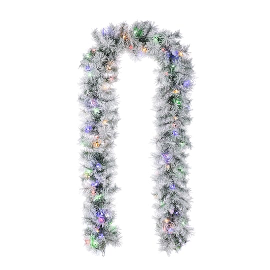 Glitzhome® 9ft Pre-Lit Snow Flocked Greenery Pine Christmas Garland with Timer | 108" x 10" x 10" | Michaels®